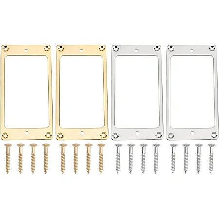 FINGERINSPIRE 4 Pcs Flat Metal Humbucker Pickup Mounting Ring Set Gold & Sliver Bridge Neck Pickups Cover Frame with Screws Replacement Alloy Humbucker Cover Part for Electric Guitar or Precision Bass