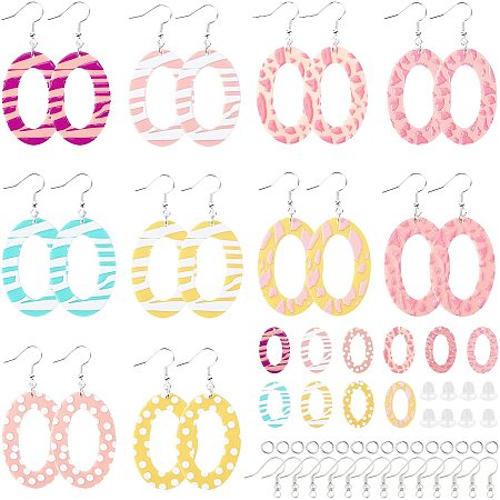 PandaHall Elite 110pcs Acrylic Earring Making Kit, 20pcs 10 Styles Stripes Dots Printed Oval Earring Pendant Vintage Cute Colorful Acrylic Charm with 90pcs Jump Ring, Earring Hook and Back, 43X29mm