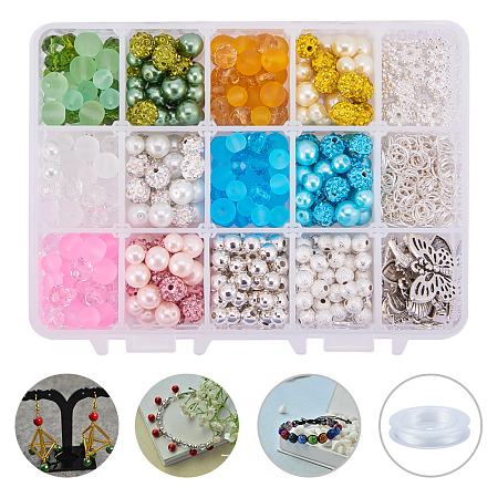 PandaHall Elite 1 Box Spacer Beads Diameter 4-8mm with Jump Ring Lobster Claw Clasps Extender Chains and Elastic Beading Wire for Jewelry Making