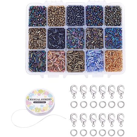 Arricraft 15 Color Glass Seed Beads Jewelry Making Kit, 4/ 6mm Lined Glass Bugle Beads, 8/0 Seed Beads with Lobster Claw Clasps, Jump Rings & Elastic String for DIY Craft