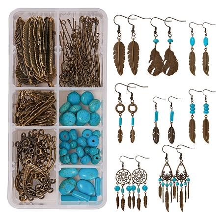 SUNNYCLUE DIY Dangle Earring Making, with Alloy Pendants & Links, Synthetic Turquoise Beads, Brass Earring Hooks, Iron Eye Pin & Jump Rings, Antique Bronze, 135x70x30mm