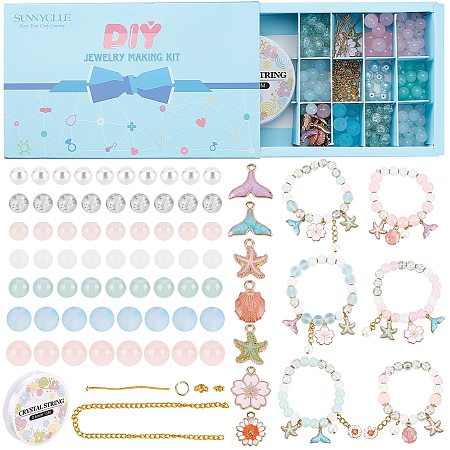 SUNNYCLUE 1 Box DIY 6 Strands Ocean Flower Bracelets Kits Starfish Whale Tail Charms Alloy Flower Pendants Round Glass Beads Curb Chain with Elastic Crystal Thread for Beginners DIY Bracelet Making