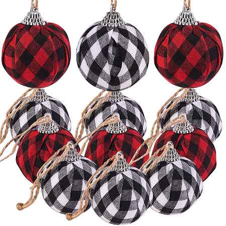 12Pcs 2 Colors Foam and Plastic with Cloth Ball Christmas Tree Decorations, with Hemp Rope, Round with Plaid Pattern, Mixed Color, 59x48mm, Hole: 2.5mm, Hemp Rope: 220x0.5mm, 6pcs/color