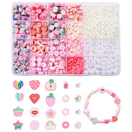DIY Jewelry Making Finding Kit, Including Polymer Clay & ABS Plastic Imitation Pearl Beads, Heart & Flower & Star & Apple & Rainbow, Pink