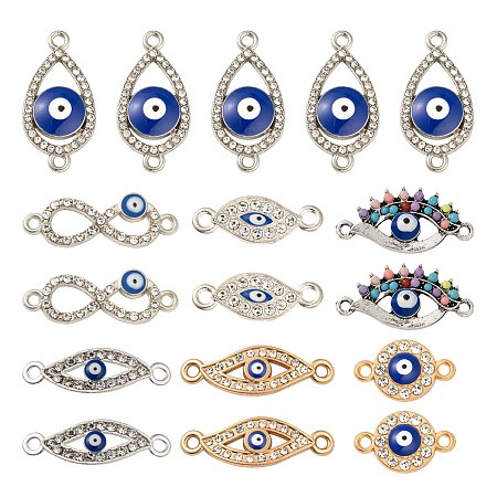 Arricraft 28Pcs 7 Style Alloy Links, with Crystal Rhinestone and Enamel, Evil Eye & Teardrop & Infinity & Flat Round, Mixed Color, 12~27x8~13x2~3.5mm, Hole: 1.5~2mm, 4pcs/style