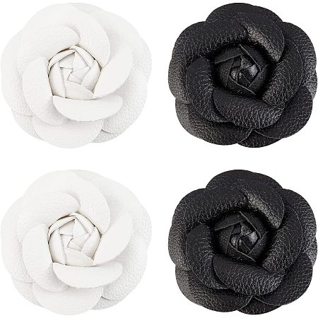 CHGCRAFT 4Pcs 2 Colors Faux Leather Artificial Flower Shoes Decoration for Women womens DIY Craft Shoe Hair Pin Brooches Accessories, Black and White, 67x22mm