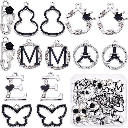SUNNYCLUE 1 Box 35Pcs 7 Style Alloy Pearl Rhinestone Charms Black Enamel Pin Butterfly Letter E M Star Charm Bulk for Jewellry Making Charms DIY Craft Bracelet Necklace Earring Supplies Accessories