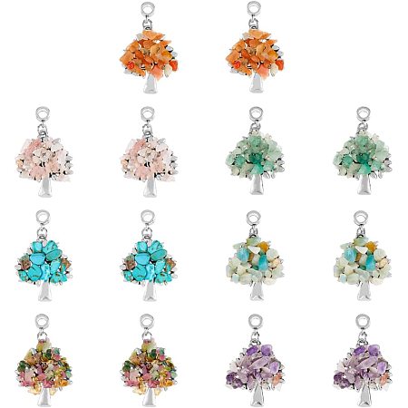 SUPERFINDINGS 28Pcs Alloy Tree of Life Pendants 7 Styles European Dangle Charms Chakra Stones Pendants Natural Gemstones Chip Beads for Necklace Bracelet Jewelry Making,Hole:4~4.5mm
