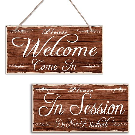 SUPERDANT 1 PCS Hanging Sign Welcome/in Session Double Sided Wooden SignWall Decor Board Door Hanging Signs Natural Wood Hanging Wall Decorations Sign 11.81”x5.91”