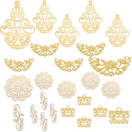 SUNNYCLUE 1 Box 50Pcs 5 Styles Real 18K Gold Plated Filigree Joiners Links Charm Flower Branch Teardrop Connectors Links for DIY Earring Necklace Bracelet Jewellery Making