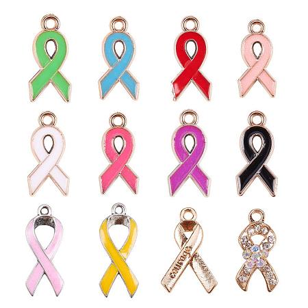 PandaHall Elite 60 pcs 12 Styles Alloy Ribbon Pendants Breast Cancer Awareness Dangle Charms Beads for Bracelet Pendant Jewelry Making, Mixed Colors