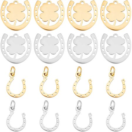 DICOSMETIC 24pcs 2 Style 2 Colors Horseshoe Charms Stainless Steel Four Leaf Clover Charms Clover and Horseshoe Charms U Shaped Charms Horse Strirrup Lariat Pendant for Jewelry Making,Hole:1.5mm