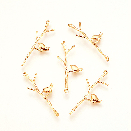 Honeyhandy Brass Links connectors, Branch with Bird, Real 18K Gold Plated, 34x13x1.5mm, Hole: 1mm