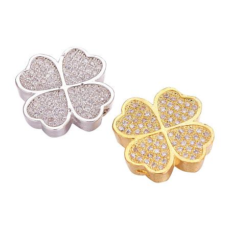 ARRICRAFT Brass Micro Pave Cubic Zirconia Beads for Jewelry Making, Clover, Clear, Mixed Color, 15x15x3.5mm, Hole: 2x1.5mm