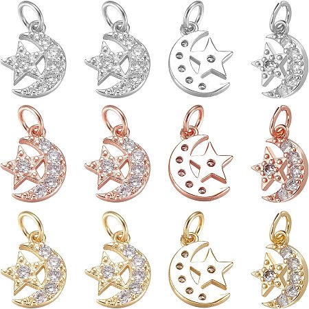 NBEADS 12 Pcs Moon with Star Cubic Zirconia Charms, Micro Pave Charms Moon Charms Gold Plated Brass Charms Cubic Zirconia Charms for Jewelry Making, Gold, Silver and Rose Gold