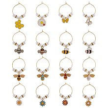 BENECREAT 16Pcs 16 Style Bees & Flower Theme Alloy Enamel Wine Glass Charms, Goblet Marker, with Brass Wine Glass Charm Rings, Golden, 38~48mm, 1pc/style