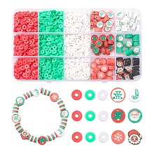 9 Style Christmas Handmade Polymer Clay Beads, Flat Round with Mixed Shapes, Mixed Color, 6~11x6~11.5x1~5mm, Hole: 1.4~2mm