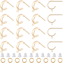 CREATCABIN 18Pcs Brass Round Stud Earrings Findings, Half Hoop Earring Findings with Horizontal Loops, with 40Pcs Plastic Ear Nuts, 20Pcs Brass Open Jump Rings, Real 18K Gold Plated, 13x3mm, Hole: 1.5mm, Pin: 0.8mm