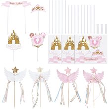 SUPERFINDINGS Cake Toppers Set Include 4Pcs 2 Colors Resin Wing Star Cake Topper and 12pcs Carriage Crown Castle Paper Card for Birthday Party Baking Wedding Table Decorations