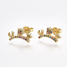 Arricraft Brass Micro Pave Cubic Zirconia(Random Mixed Color) Ear Studs, with Ear Nuts, Golden, 8x15mm, Pin: 0.7mm