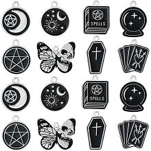 SUNNYCLUE 1 Box 32Pcs 8 Styles Black Halloween Charms Magic Charms Bulk Butterfly Coffin Charm Alloy Holiday Moth Cross Charm for Jewelry Making Charms Findings Necklace Earring Women Adults Craft