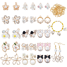 SUPERFINDINGS 30Pcs 15 Styles Alloy Flowers Pendant Charms Rhinestone Flower Embellishments Alloy Butterfly Cabochons with 50Pcs 304 Stainless Steel Open Jump Rings for Jewelry Keychain DIY Craft