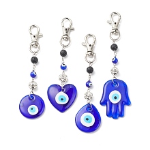 Honeyhandy Handmade Lampwork Evil Eye Pendant Decoration, Natural Lava Rock Round Bead & Lobster Clasp Charms, for Keychain, Purse, Backpack Ornament, Mixed Shapes, 121~141mm