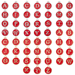 NBEADS Golden & Platinum Plated Alloy Enamel Charms, Enamelled Sequins, Flat Round with Letter A~Z, Dark Red, Platinum & Golden, 14x12x2mm, Hole: 1.5mm; 26pcs/set, 4sets/box, 104pcs/box