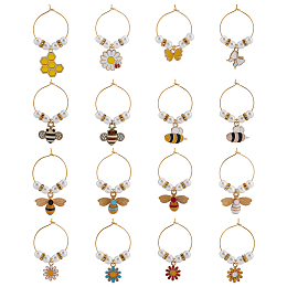 BENECREAT 16Pcs 16 Style Bees & Flower Theme Alloy Enamel Wine Glass Charms, Goblet Marker, with Brass Wine Glass Charm Rings, Golden, 38~48mm, 1pc/style