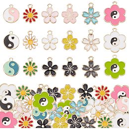 PandaHall Elite 72pcs Alloy Enamel Charms, 18 Styles Enamel Flower Pendants Colorful Floral Daisy Sunflower Dangle Charms Yin Yang Gossip Pendant for DIY Necklace Earring Bracelet Jewelry Craft Making