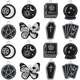 SUNNYCLUE 1 Box 32Pcs 8 Styles Black Halloween Charms Magic Charms Bulk Butterfly Coffin Charm Alloy Holiday Moth Cross Charm for Jewelry Making Charms Findings Necklace Earring Women Adults Craft