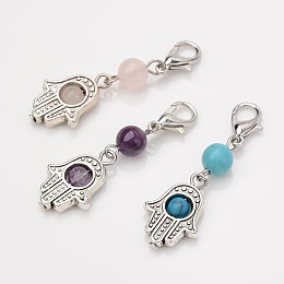 Honeyhandy Tibetan Style Alloy Pendants, with Natural & Synthetic Mixed Stone Beads and Lobster Claw Clasps, Hamsa Hand/Hand of Fatima/Hand of Miriam, 40mm