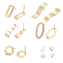 BENECREAT 20Pcs 5 Style Brass Stud Earring Findings, with Loop, with 40Pcs Plastic Ear Nuts, Oval & Ring & Rectangle & Trapezoid, Real 18K Gold Plated, 12.5~28x7~13.5mm, Hole: 2~2.5mm, Pin: 0.7~0.8mm, 4pcs/style