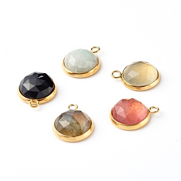 Honeyhandy Handmade Natural Mixed Gemstone Pendants, with Golden 304 Stainless Steel Settings, Faceted, Half Round, 14.5x11.8x5mm, Hole: 1.8mm