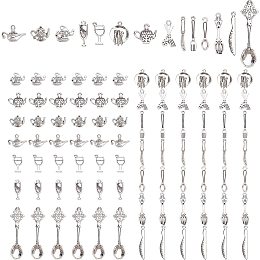 SUNNYCLUE 1 Box 84Pcs 14 Styles Kitchen Charms Tableware Cooking Tool Theme Spoon Knife Fork Alloy Pendants Tibetan Style for Jewelry Making Charms Bracelets Crafts Findings, Antique Silver