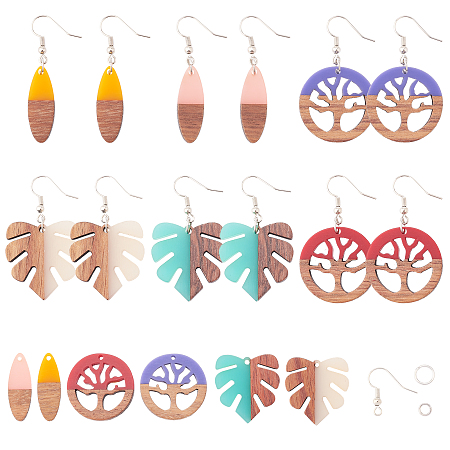 SUNNYCLUE DIY Dangle Earring Making, with Resin & Wood Pendants, Brass Earring Hooks, Iron Jump Rings, Mixed Color, Pendants: 12pcs/set