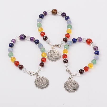Honeyhandy Multi-Color Gemstone Chakra Charm Bracelets, with Tibetan Style Tree of Life Pendant, Glass Beads, Tibetan Style Spacers and Brass Lobster Claw Clasps, Antique Silver, Mixed Stone, 195mm