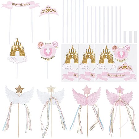 SUPERFINDINGS Cake Toppers Set Include 4Pcs 2 Colors Resin Wing Star Cake Topper and 12pcs Carriage Crown Castle Paper Card for Birthday Party Baking Wedding Table Decorations