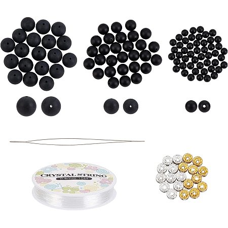 SUPERFINDINGS 100Pcs 3 Size Round Natural Agate Beads 6/8/10mm Matte Onyx Black Beads with 20Pcs Brass Rhinestone Spacer Beads 1roll Elastic Thread 1Pc Beading Needles Bracelet Jewelry Making Kit