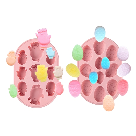 Arricraft 2Pcs 2 Style Easter Theme Food Grade Silicone Molds, Fondant Molds, Baking Molds, Chocolate, Candy, Biscuits, Soap, UV Resin & Epoxy Resin Jewelry Making, Easter Egg & Chick, Pink, 227~228x150x17.5~22.5mm, Inner Diameter: 41.5~63x29.5~48mm, 1pc/style