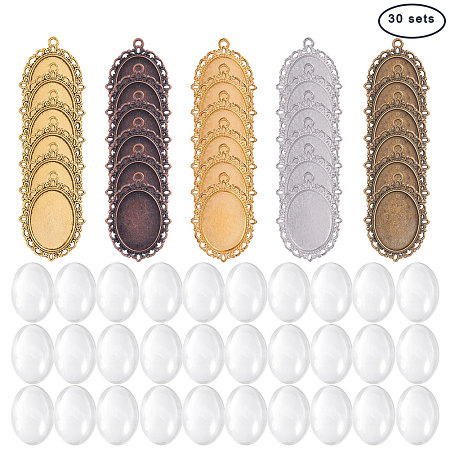 PandaHall Elite 30 PCS 5 Color Oval Pendant Trays Bezel and 30 PCS 25 x 18mm Glass Cabochon Dome Tiles Clear Cameo, Total 60 Pieces（30 Sets） for Crafting DIY Jewelry Making
