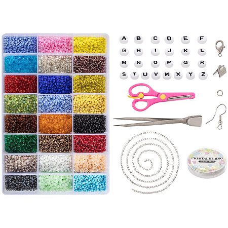 PH PandaHall 24 Color Glass Seed Beads Kit-15000pcs Glass Seed Beads, 50pcs Alphabet Letter Beads, Tweezers, Scissors, Elastic Crystal Thread for Name Bracelets Jewelry Making and Crafts