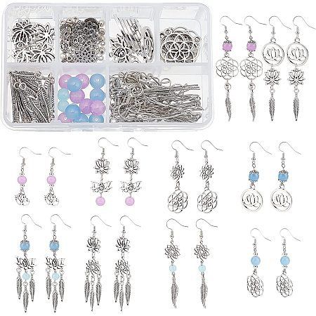 SUNNYCLUE 1 Box DIY Make 10 Pairs Flower of Life Earring Making Kit Tibetan Style Lotus Yoga Charms Leaf Pendants Spacer Beads for Beginners Adults DIY Earring Jewellery Making Crafts