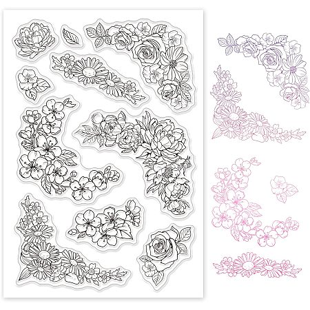GLOBLELAND Flowers Lace Corner Silicone Clear Stamps Cherry Blossom Rose Pansy Daisy Hibiscus Peony Peach Blossom Transparent Stamp for Cards Making DIY Scrapbooking Photo Album Decoration Paper Craft