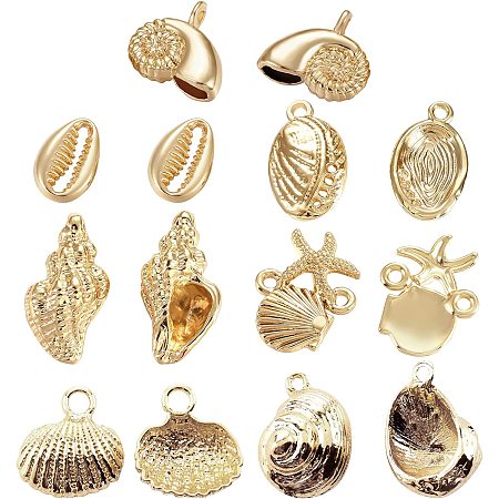 BENECREAT 24Pcs 7 Style Starfish Scallop Shell Alloy Charms Pendants Conch Shell 14K Gold Plated Pendants for DIY Earring Jewelry Making