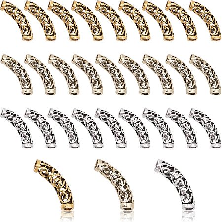 PandaHall Elite 3 Colors Curved Tube Beads, 30pcs Twist Tube Slide 32mm Metal Loose Spacers Hollow Noodle Beads Tibetan Style Beads for Jewelry Necklace Bracelet Making, Hole: 4mm