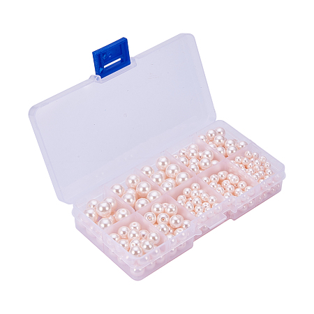 PandaHall Elite Lavender Blush Glass Pearl Round Beads 4mm 6mm 8mm 10mm Various Size Mix Lot Box Set with Container Value Pack (about 340 pcs Box Set)
