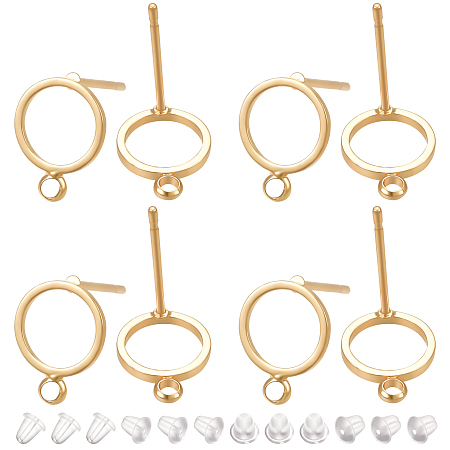 BENECREAT 20Pcs Brass Stud Earring Findings, Open Ring with Loop, with 40Pcs Plastic Ear Nuts, Real 18K Gold Plated, 12.5x10mm, Hole: 1.4mm, Pin: 0.7mm