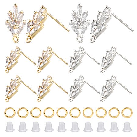 CREATCABIN 1 Box 12Pcs 2 Color 18K Gold Plated Brass Cubic Zirconia Earrings Stud Post Loop Jewelry Making Findings with 50Pcs Jump Rings 50Pcs Rubber Earring Rubber Backs Stopper DIY Crafts Supplies