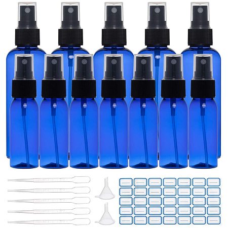 BENECREAT 16 Pack 1oz/3.3oz Blue Plastic Spray Bottle Fine Mist Spray Bottle with 2PCS Hoppers, 10PCS Droppers and 2 Sheet Label for Perfume, Liquid, Travel
